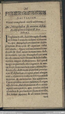 Auctarium Vacui complendi causa additum: An Metaphysica sit omnino distincta disciplina a Logica & Dialectica