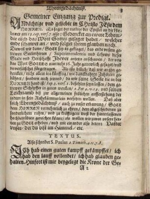 Gemeiner Eingang zu Predigt; Textus; Tractatio; Das Erste Stück; Das Ander Stück; Gebrauch; Memoria Defuncti.