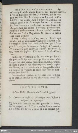 Lettre XVIII. A Cara Hali, Medecin du Gran Seigneur