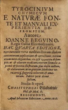 Tyrocinium Chymicum E Naturæ Fonte Et Manvali Experientia Depromptum