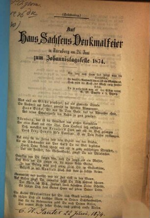 Auf Hans Sachsens Denkmalfeier in Nürnberg am 24. Juni zum Johannistagsfeste 1874