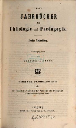 Neue Jahrbücher für Philologie und Pädagogik. 78 = Jg. 28 = Jg. 4. 1858