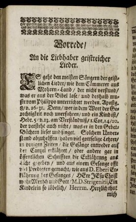 Vorrede/ An die Liebhaber geistreicher Lieder.