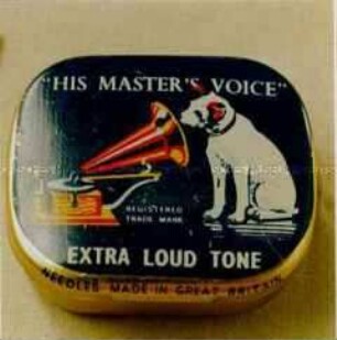 Blechdose für Grammophonnadeln "'HIS MASTER'S VOICE' EXTRA LOUD TONE" mit Inhalt