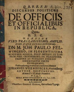 Discursus Politicus De Officiis Et Officialibus In Republica
