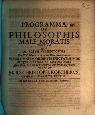 De philosophis male moratis. Progr. 3