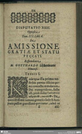 Disputatio XXIII. Opposita Tom. Libb.6. De Amissione Gratiae Et Statu Peccati