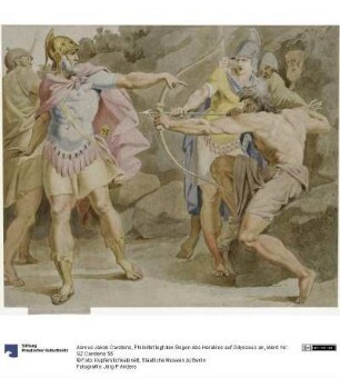 Philoktet legt den Bogen des Herakles auf Odysseus an