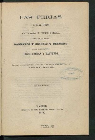 Las ferias : sainete lírico en un acto, en verso y prosa