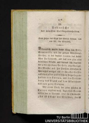 III. Übersicht der neuesten Weltbegebenheiten.