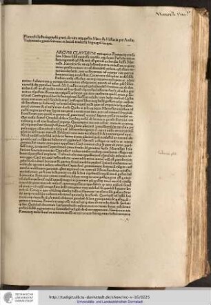 Plutarchi Historiographi greci de vita atque gestis Marcelli historia per Anthonium Tudertinum e greco sermone in latinum traducta linguagium incipit.