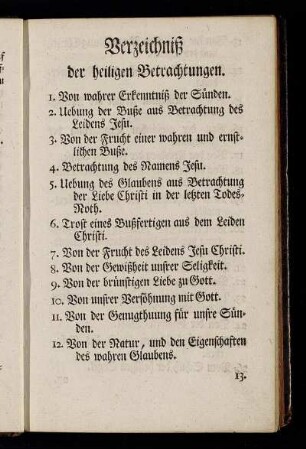 Verzeichniß der heiligen Betrachtungen.