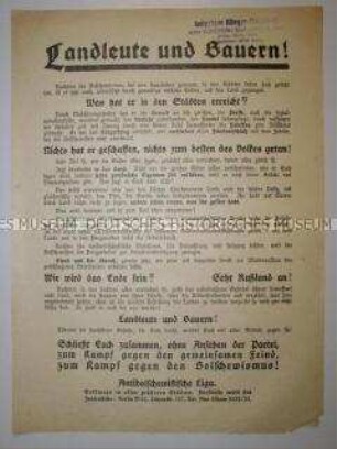 Propagandaflugblatt der Antibolschewistischen Liga mit Ausrichtung auf die Landbevölkerung