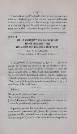 Sur le mouvement d'un solide pesant autour d'un point fixe (application des fonctions elliptiques).