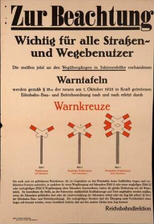 Warntafeln an Wegübergängen in Schienenhöhe (Reichsbahndirektion Karlsruhe)