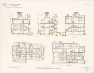 Offiziersheim Taunus, Falkenstein Wohnhaus für 14 Offiziere (westlich): Grundriss Sparrenlage, Längsschnitt, Querschnitte 1:100