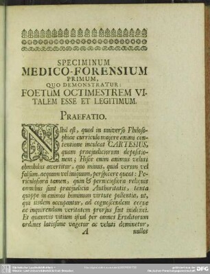 Speciminum Medico-Forensium Primum, Quo Demonstratur: Foetum Octimestrem Vitalem Esse Et Legitimum
