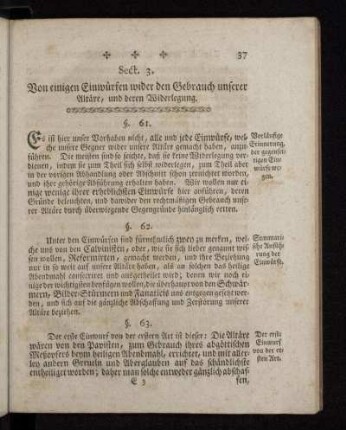 Sect. 3. Von einigen Einwürfen wider den Gebrauch unserer Altäre, und deren Widerlegung.