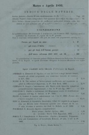 Indice delle materie. Condizioni.