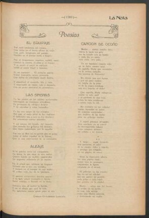 Poesías : El equipaje [y] Las sirenas [y] Aleaje [y] canción de otoño