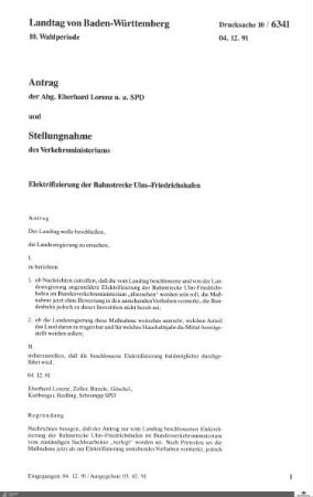 Antrag der SPD: Elektrifizierung der Bahnstrecke Ulm-Friedrichshafen