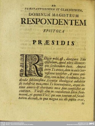 Ad Praestantissimum Et Clarissimum, Dominum Magistrum Respondentem Epistola Praesidis