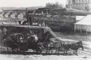 Dresden vom linken Elbufer unterhalb der Festungswerke : Dresden, Festungswerke, vierspänniger Planwagen, Bellotto-Gemälde
