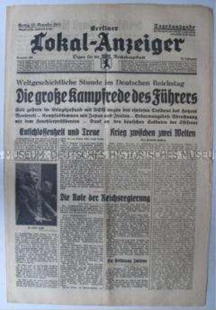 Tageszeitung "Berliner Lokal-Anzeiger" u.a. zur Rede Hitlers nach der Kriegserklärung an die USA