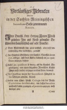Vorläuffiges Bedencken über den in der Sachsen-Meiningischen Successions-Sache genommenen Recurs