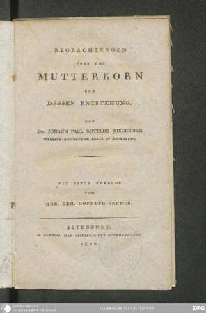 Beobachtungen Über Das Mutterkorn Und Dessen Entstehung