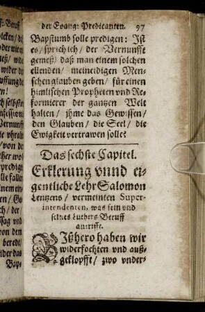 Das sechste Capitel. Erklerung unnd eigentliche Lehr Salomon Lentzens, vermeintlichen Superintendenten, was sein und seines Luthers Beruff antrifft.