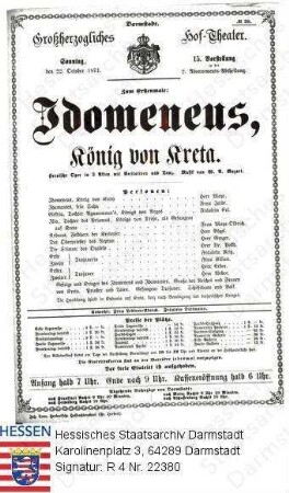 Darmstadt, Hoftheater / Theaterzettel 1871 Oktober 22 / Erstaufführung von 'Idomeneus, König von Kreta' (Oper) von Wolgang Amadeus Mozart (1756-1791)