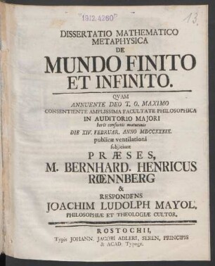 Dissertatio Mathematico Metaphysica De Mundo Finito Et Infinito