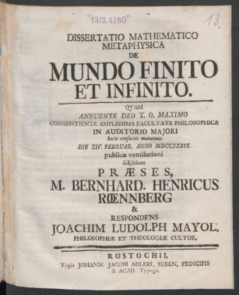 Dissertatio Mathematico Metaphysica De Mundo Finito Et Infinito