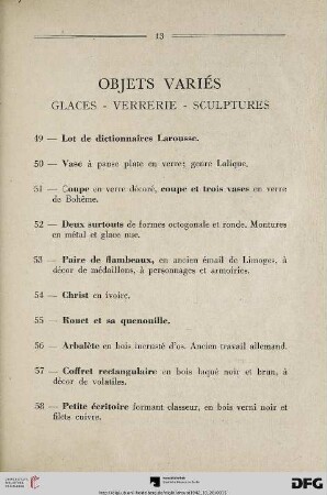 Objets variés – Glaces – Verrerie – Sculptures (Nr. 49-74)