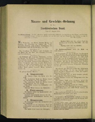 Maass- und Gewichts-Ordnung für den Norddeutschen Bund : vom 17. August 1868