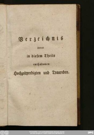 Verzeichnis derer in diesem Theile enthaltenen Hochzeitpredigten und Traureden.