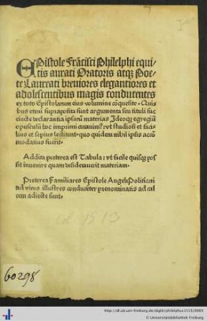 Epistole Francisci Philelphi equitis aurati Oratoris atque Poete Laureati breuiores elegantiores et adolescentibus magis conducentes ex toto Epistolarum eius volumine conquesite