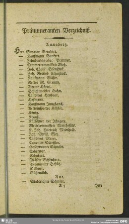 Pränumeranten Verzeichniß