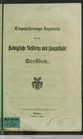 Einquartierungs-Regulativ für die Königliche Residenz und Hauptstadt Dresden