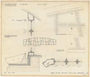 Vaterunser-Kirche Detmolderstraße/Blissestraße, Berlin-Wilmersdorf: Kirchenfenster, Ansicht 1:25, Ansicht (Ausschnitt) 1:1, 3 Schnitte 1:1