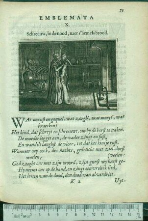 Emblemata X. Schreeuw, in de nood, naer s'hemels brood.