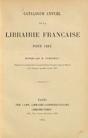 Catalogue annuel de la librairie française. 1. 1893