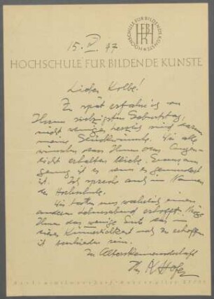 Brief von Karl Hofer [Hochschule für Bildende Künste, Berlin West] an Georg Kolbe