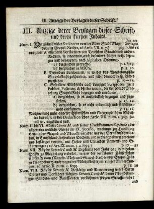 III. Anzeige derer Beylagen dieser Schrift, und deren kurtzen Inhalts.