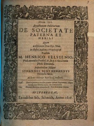 Decas III. Quaestionum Politicarum De Societate Paterna Et Herili