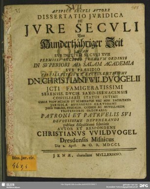 Dissertatio Iuridica De Iure Seculi Von Hundertjähriger Zeit