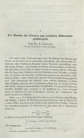 I. Zur Theorie der Flächen und partiellen Differentialgleichungen.