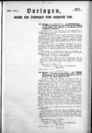 Anlage: (605-617), Vorlagen, welche den Zeitungen nicht mitgeteilt sind, 10. November 1917