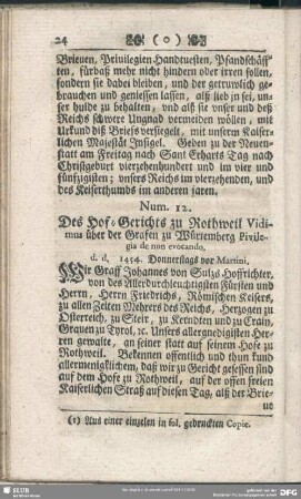 Num. 12. Des Hof-Gerichts zu Rothweil Vidimus über der Grafen zu Würtemberg P[r]ivilegia de non evocando